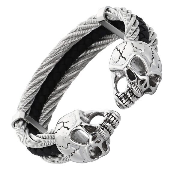 Men's Gothic Skull Bracelet Stainless Steel Leather Punk Biker Cuff